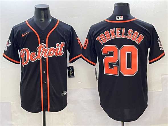 Men%27s Detroit Tigers #20 Spencer Torkelson Black With Patch Cool Base Stitched Jersey